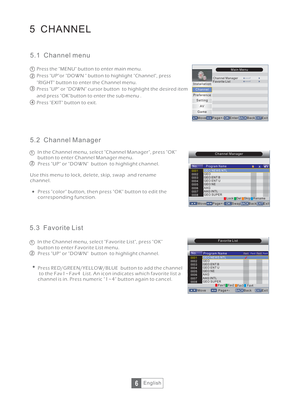 5 channel, 1 channel menu, 2 channel manager | 3 favorite list, English | Synaps THD-2856+ User Manual | Page 9 / 18