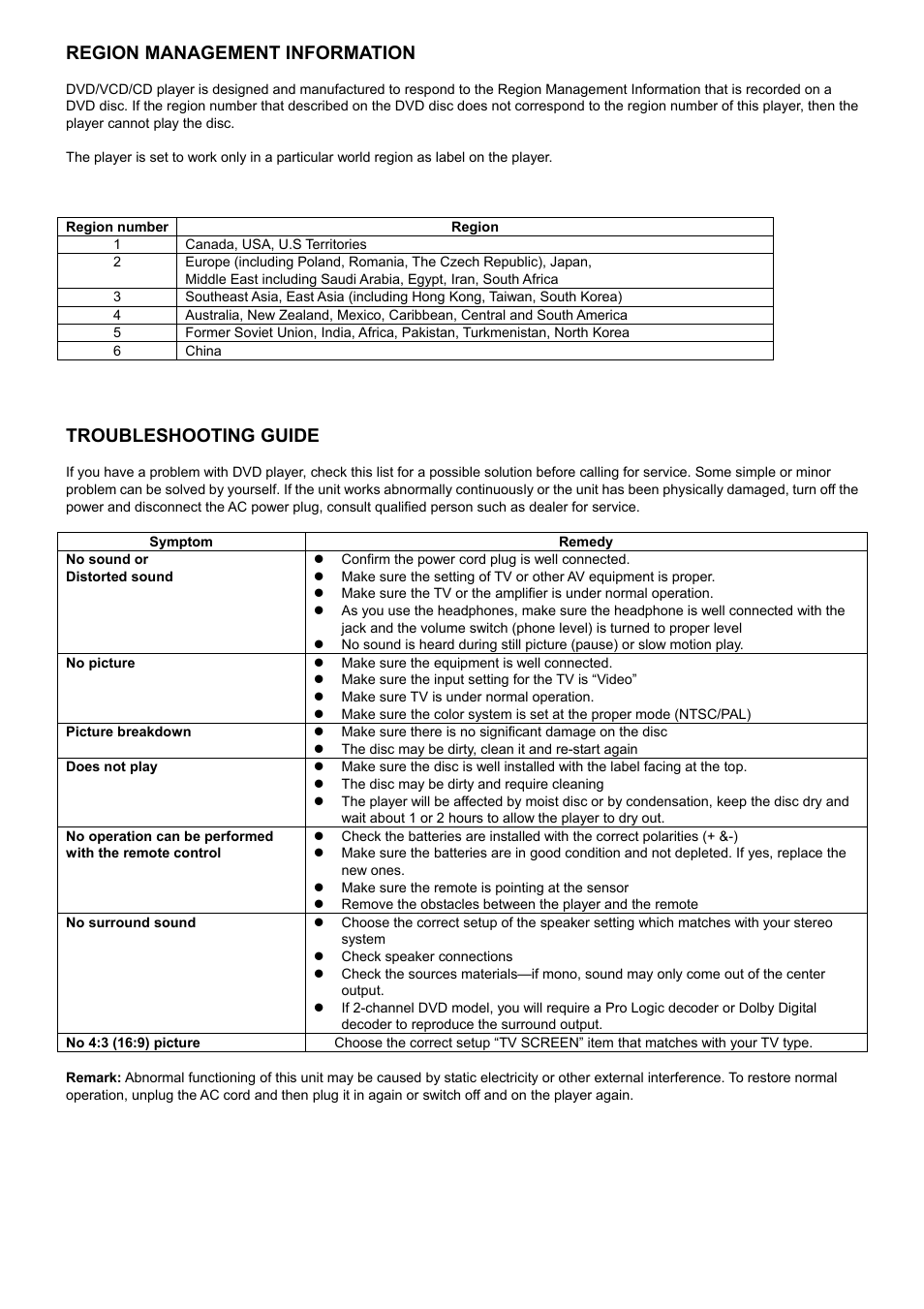 Region number, Region, No picture | Picture breakdown, Does not play, No surround sound, No 4:3 (16:9) picture, Region management information, Troubleshooting guide | System Fidelity DVD-R150 User Manual | Page 20 / 21