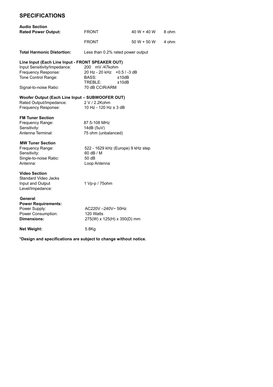 Audio section, Fm tuner section, Mw tuner section | Video section, General, Specifications | System Fidelity DVD-R150 User Manual | Page 21 / 21