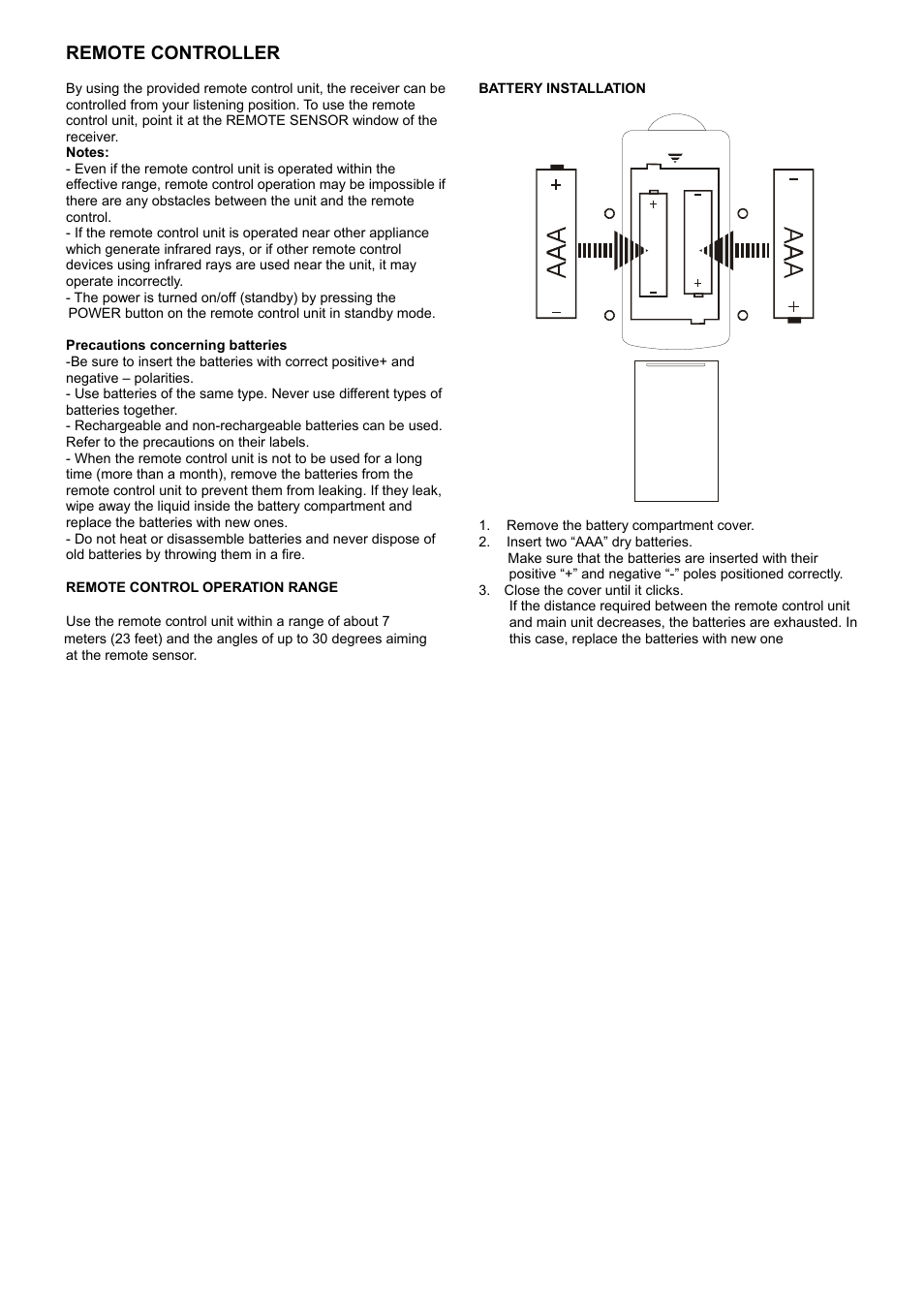 Precautions concerning batteries, Battery installation, Remote controller | System Fidelity DVD-R150 User Manual | Page 6 / 21