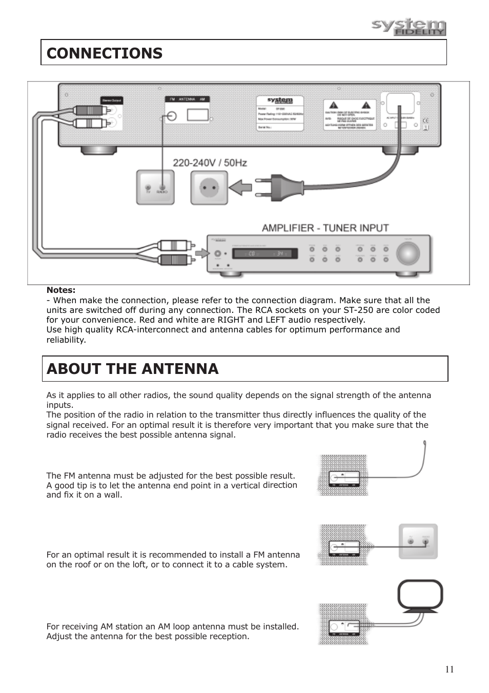 About the antenna, Connections | System Fidelity ST-250 User Manual | Page 10 / 15