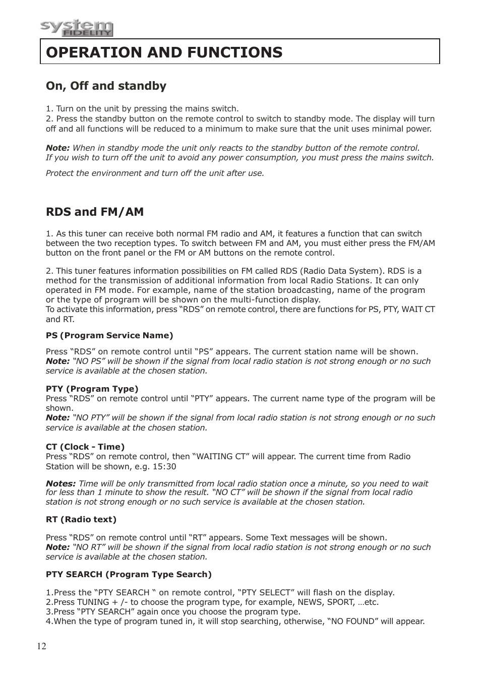 Operation and functions, On, off and standby, Rds and fm/am | System Fidelity ST-250 User Manual | Page 11 / 15