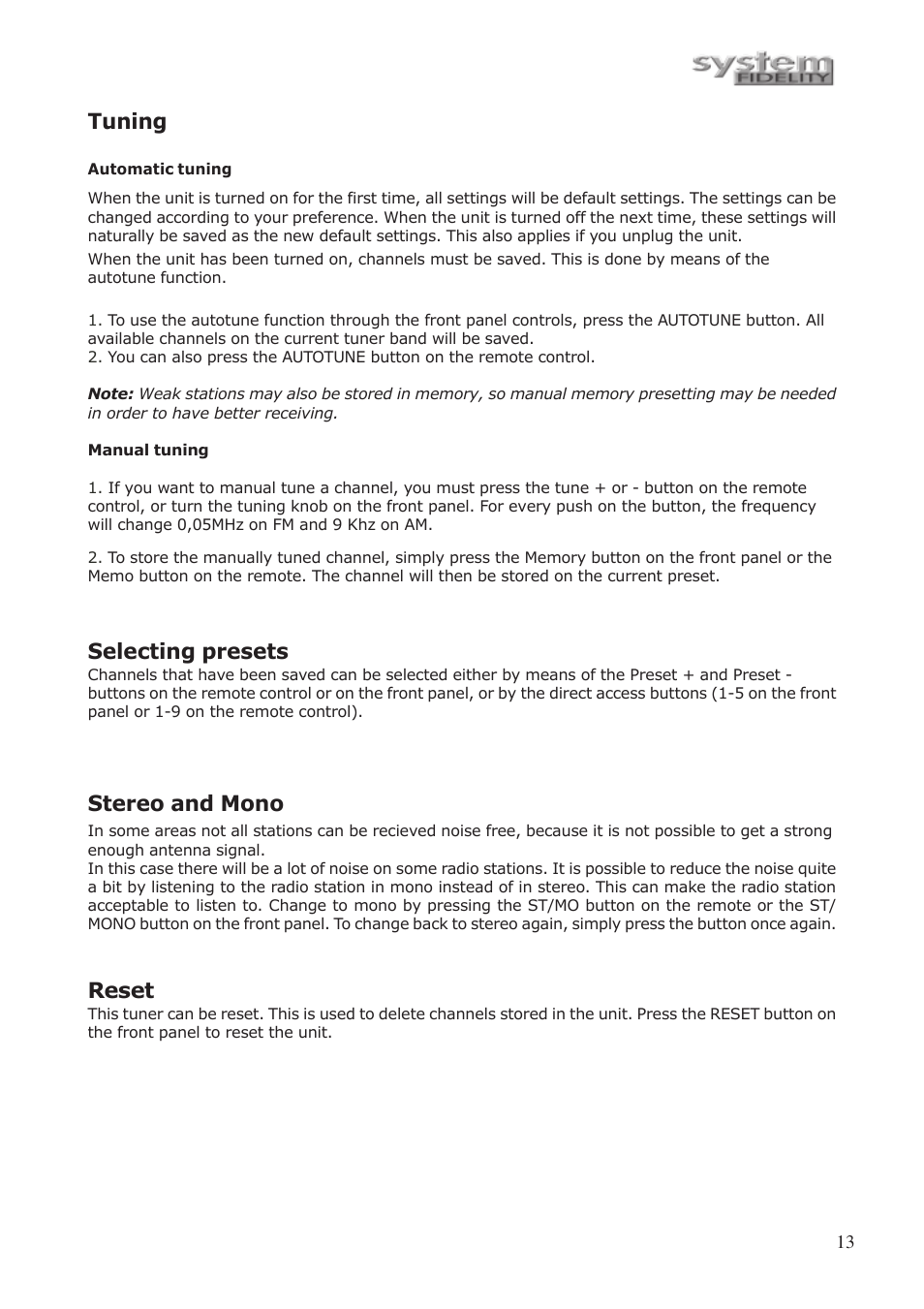 Tuning, Selecting presets, Stereo and mono | Reset | System Fidelity ST-250 User Manual | Page 12 / 15