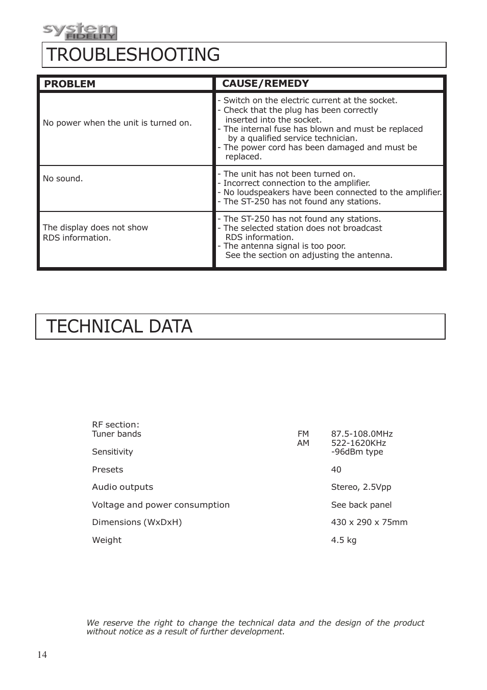 Troubleshooting technical data | System Fidelity ST-250 User Manual | Page 13 / 15
