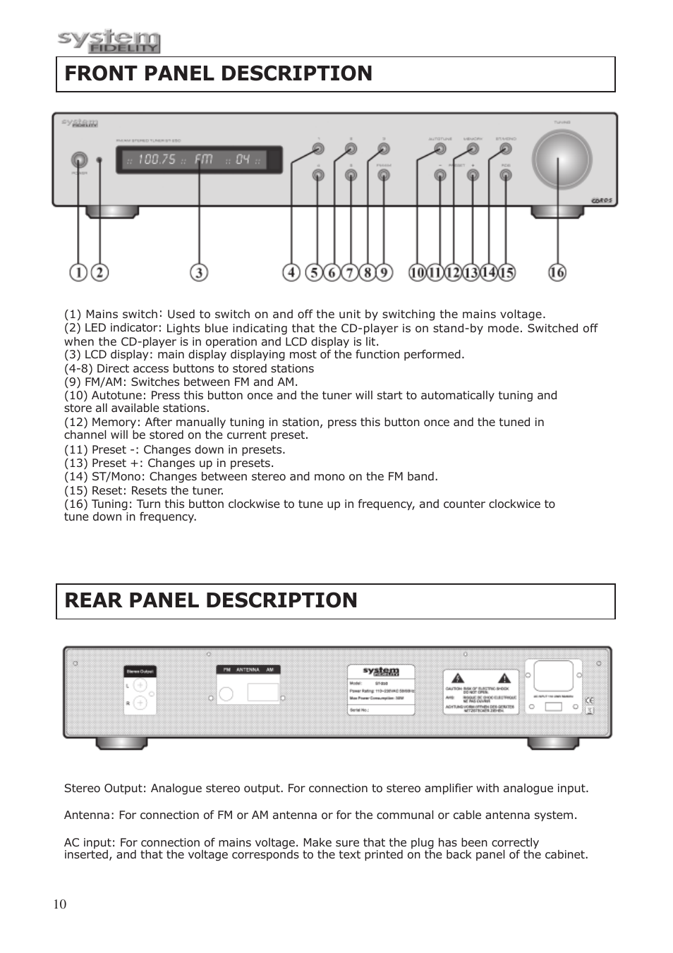 Front panel description, Rear panel description | System Fidelity ST-250 User Manual | Page 9 / 15