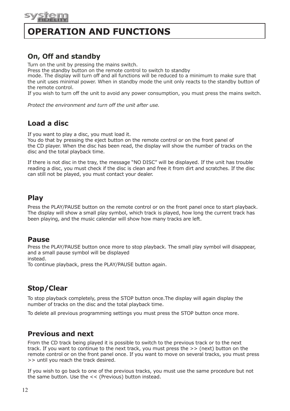 Operation and functions | System Fidelity CD-250 User Manual | Page 11 / 15