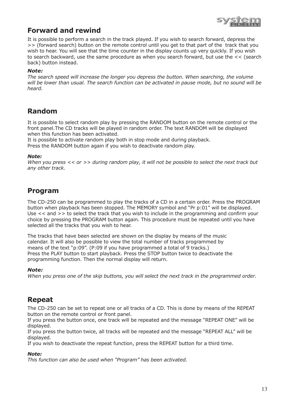 Forward and rewind, Random, Program | Repeat | System Fidelity CD-250 User Manual | Page 12 / 15