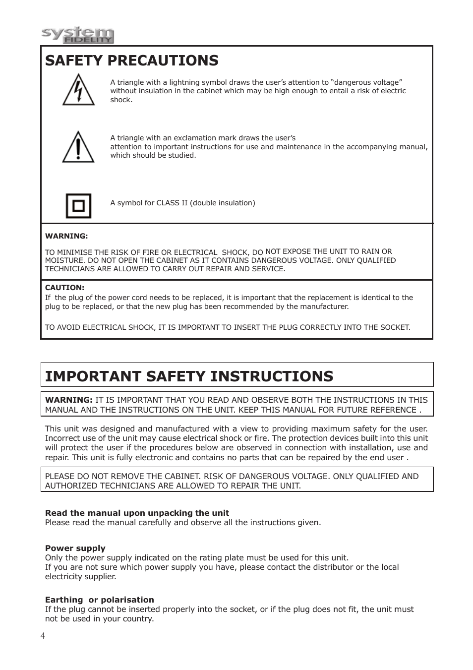Important safety instructions, Safety precautions | System Fidelity CD-250 User Manual | Page 3 / 15