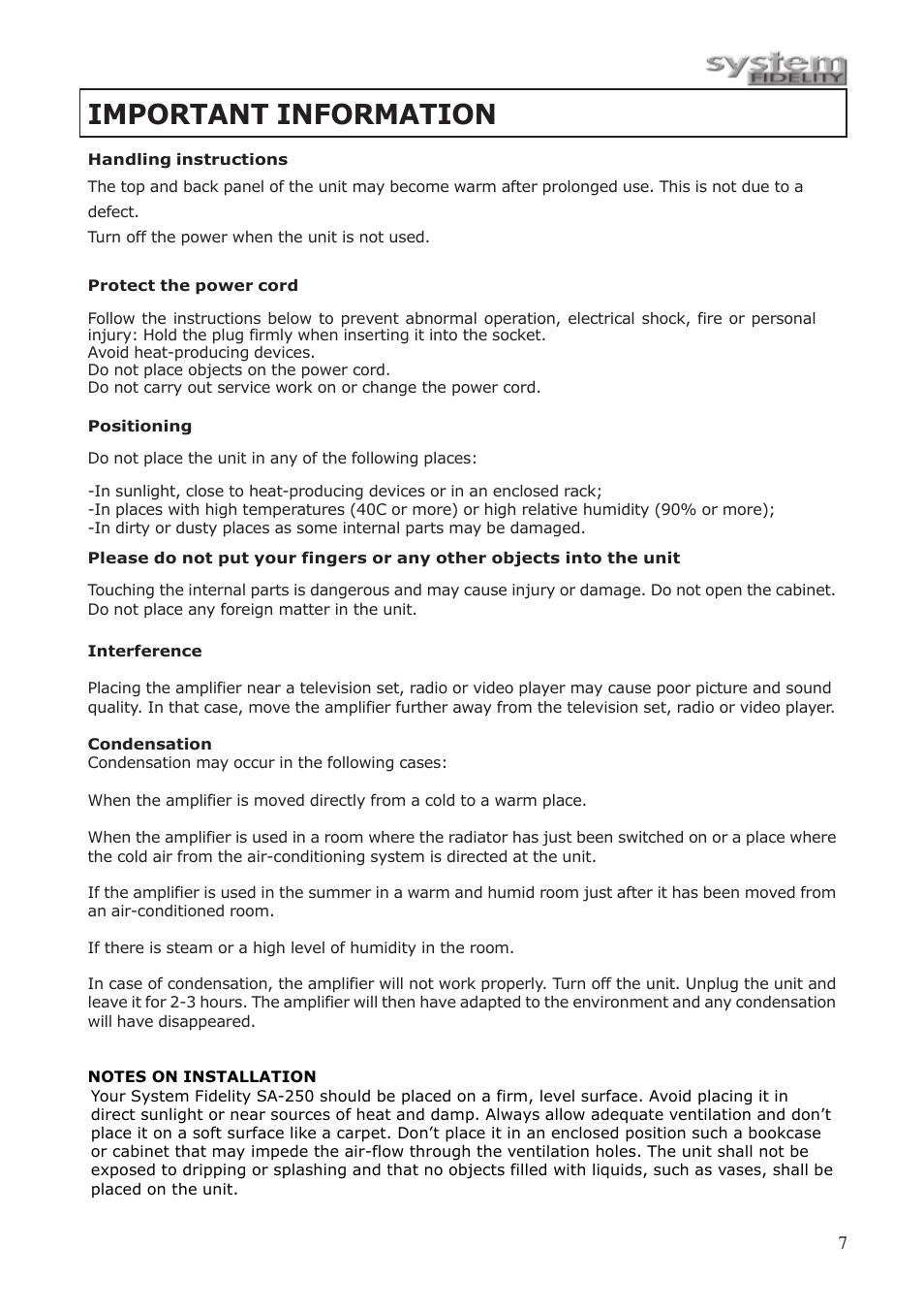 Important information | System Fidelity CD-250 User Manual | Page 6 / 15