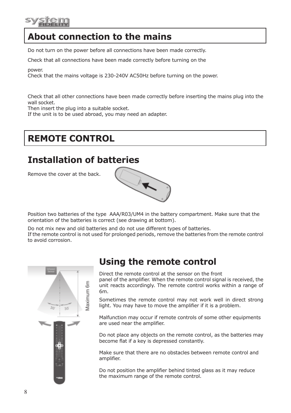 About connection to the mains, Remote control installation of batteries, Using the remote control | System Fidelity CD-250 User Manual | Page 7 / 15