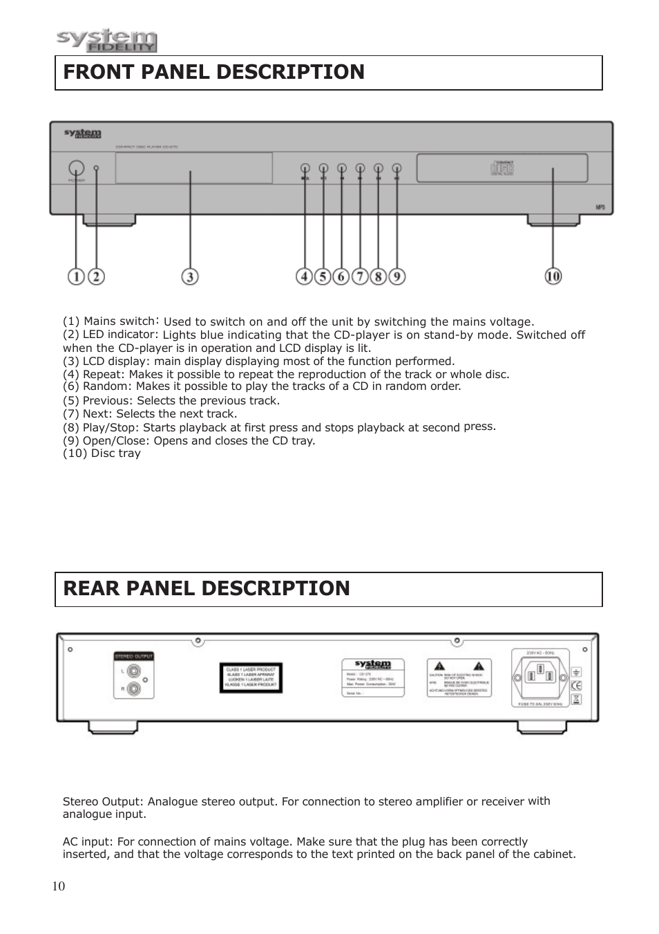 Front panel description, Rear panel description | System Fidelity CD-250 User Manual | Page 9 / 15