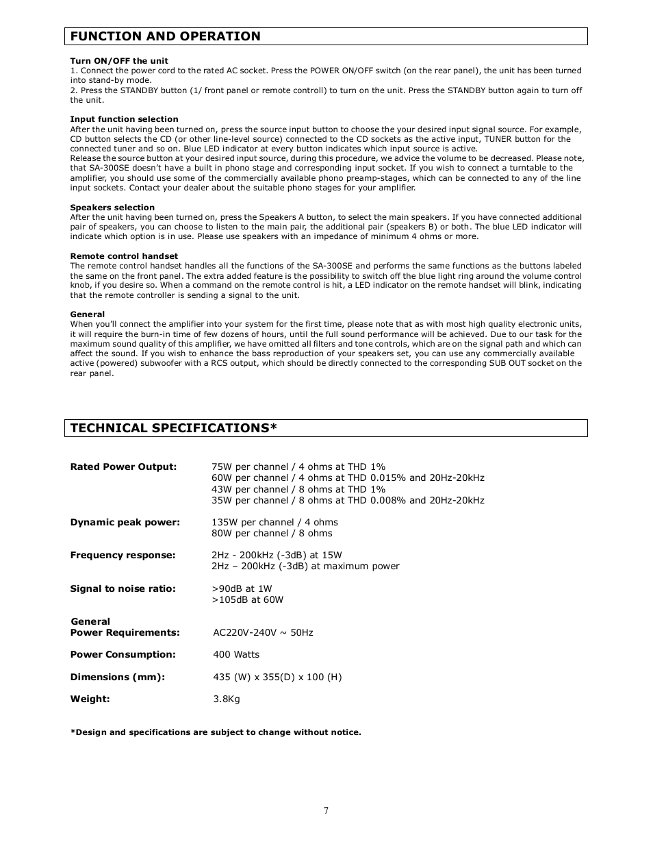 Function and operation, Technical specifications | System Fidelity SA-300SE User Manual | Page 7 / 7