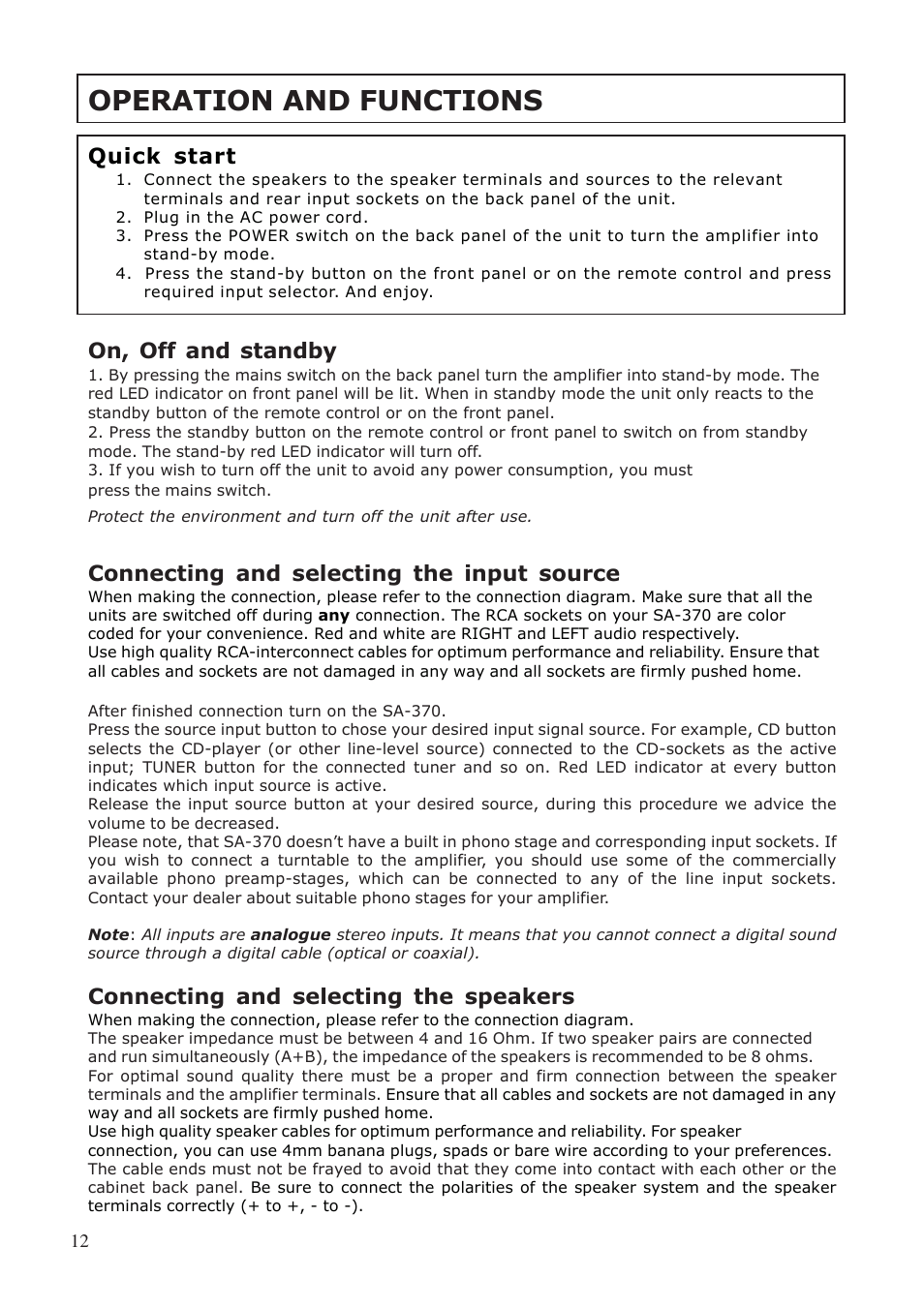 Operation and functions, On, off and standby, Connecting and selecting the input source | Connecting and selecting the speakers, Quick start | System Fidelity SA-370 User Manual | Page 12 / 16