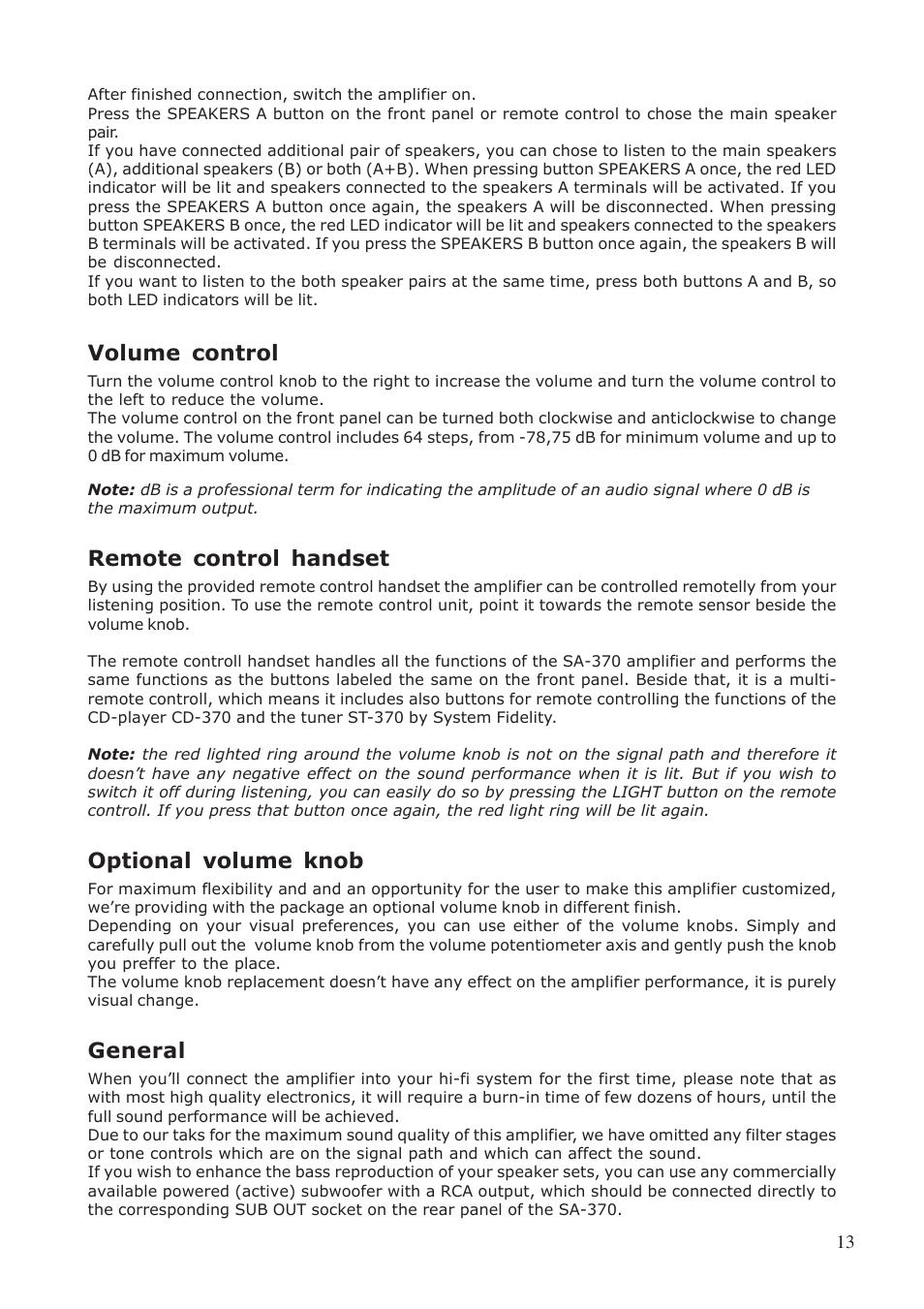 Volume control, Remote control handset, Optional volume knob | General | System Fidelity SA-370 User Manual | Page 13 / 16