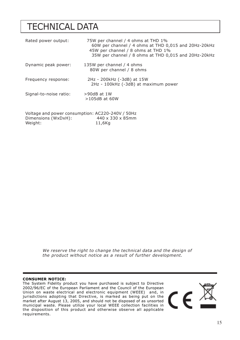 Technical data | System Fidelity SA-370 User Manual | Page 15 / 16