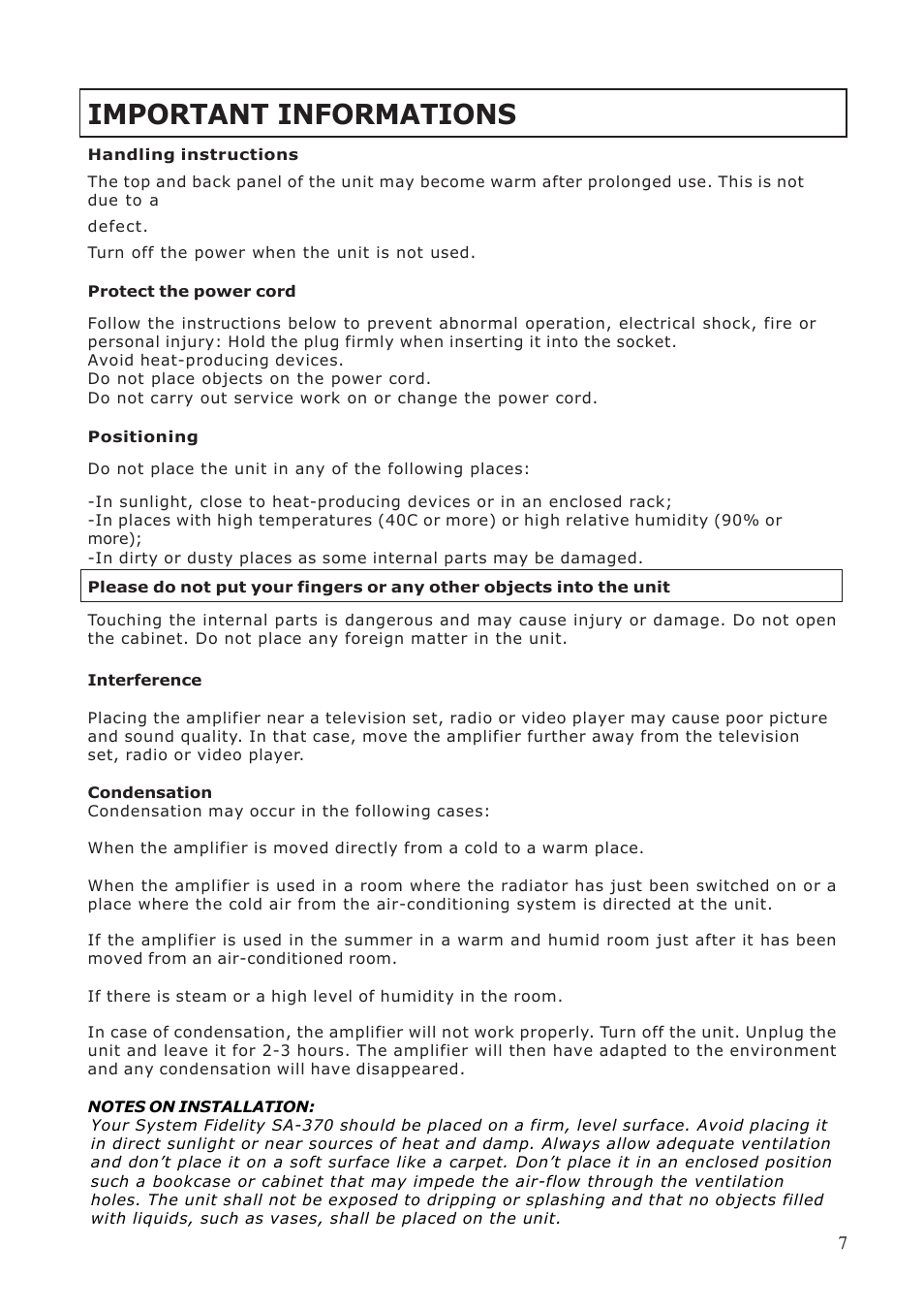 Important informations | System Fidelity SA-370 User Manual | Page 7 / 16