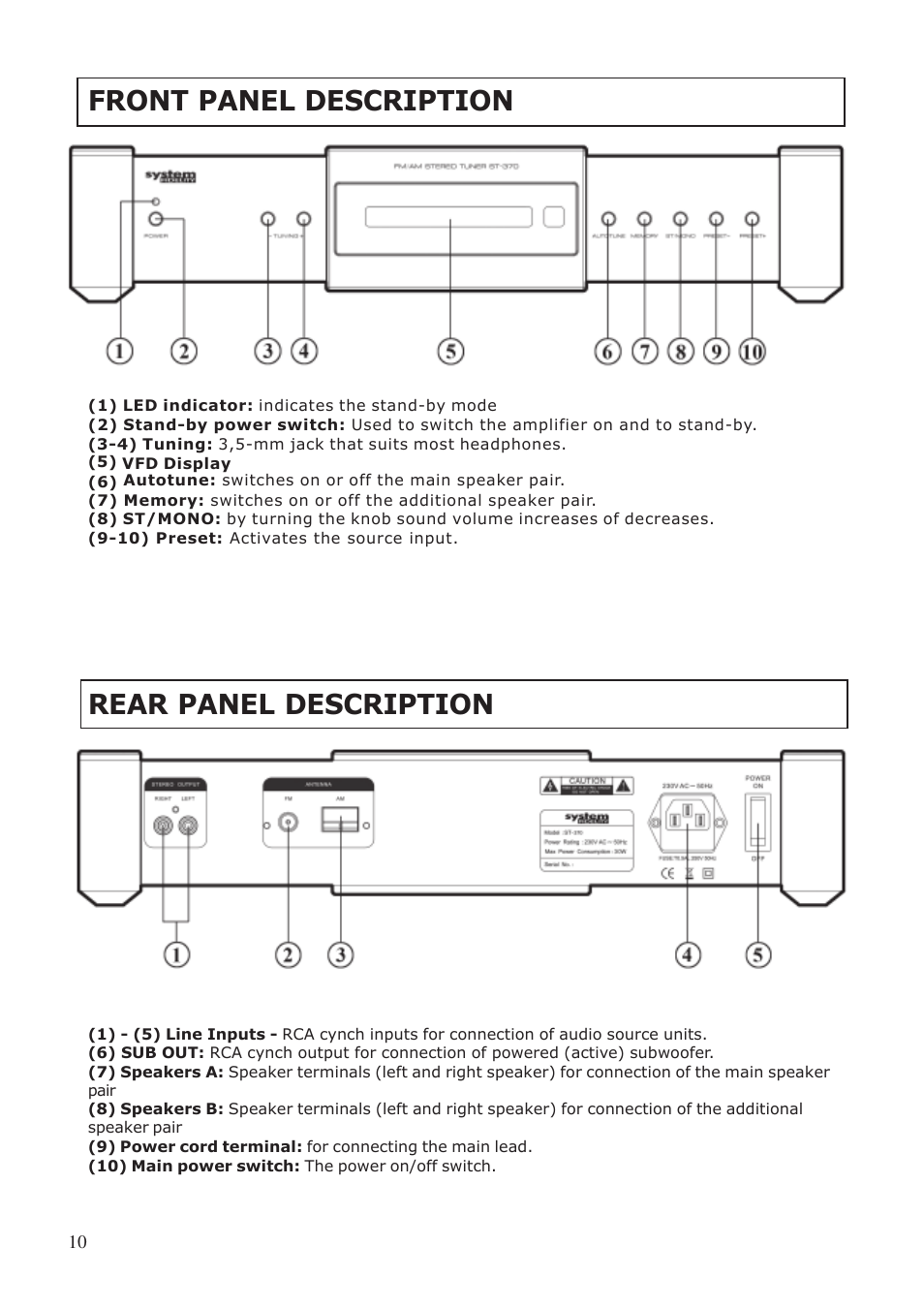 Rear panel description, Front panel description | System Fidelity ST-370 User Manual | Page 10 / 16