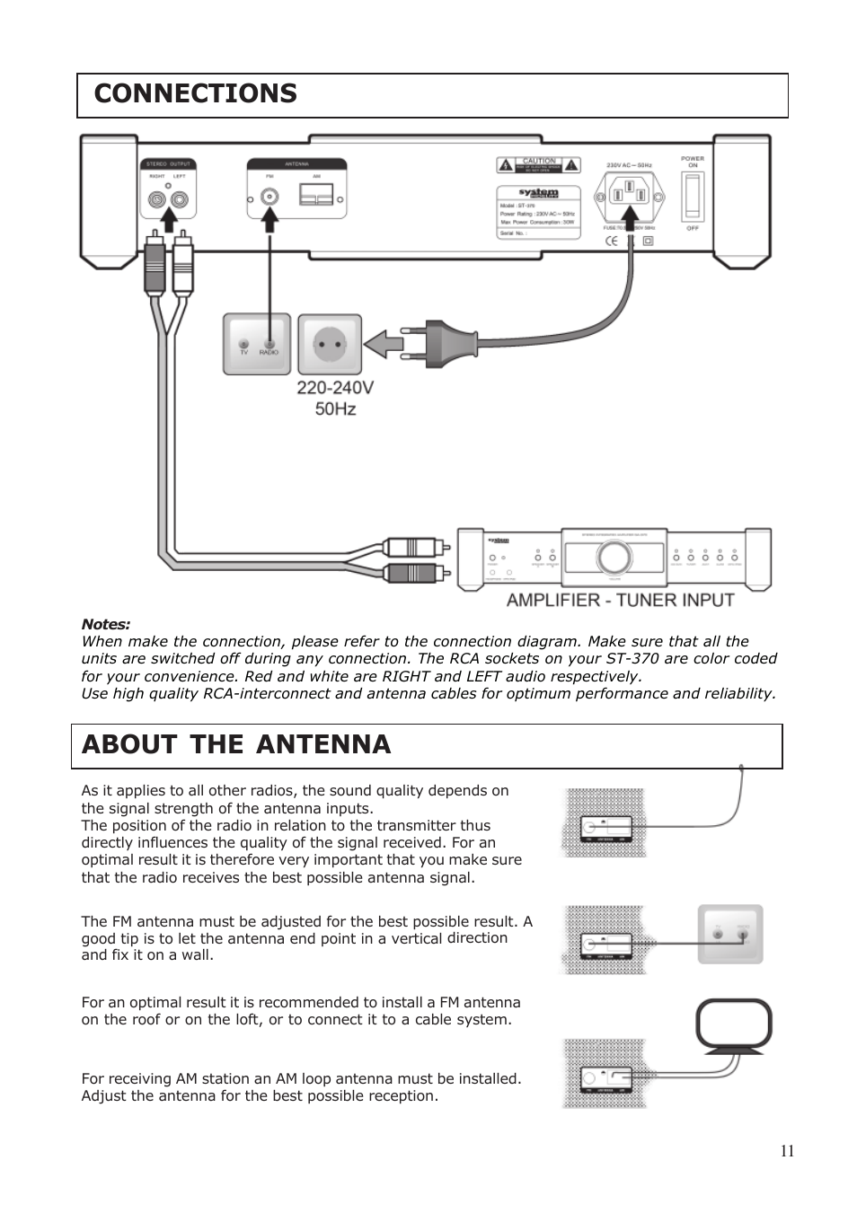 Connections, About the antenna | System Fidelity ST-370 User Manual | Page 11 / 16