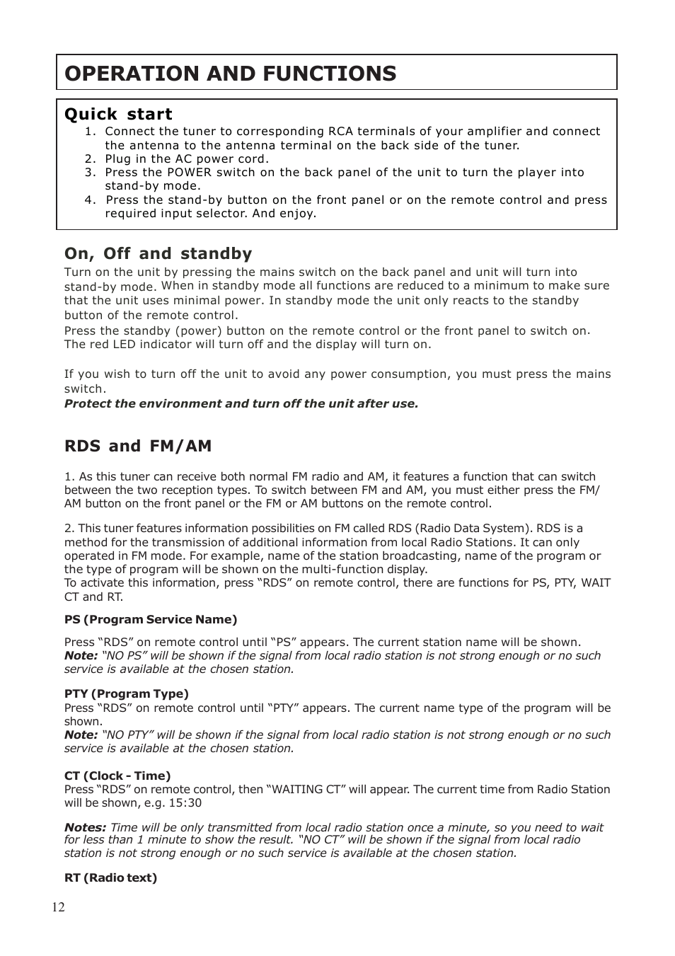 Operation and functions, On, off and standby, Rds and fm/am | Quick start | System Fidelity ST-370 User Manual | Page 12 / 16
