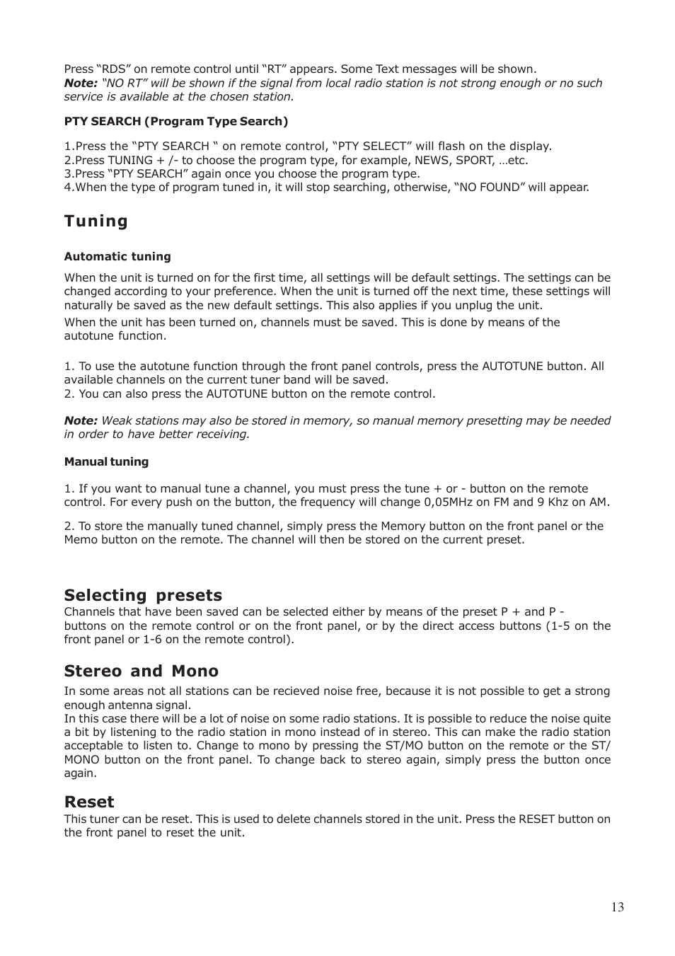 Tuning, Selecting presets, Stereo and mono | Reset | System Fidelity ST-370 User Manual | Page 13 / 16