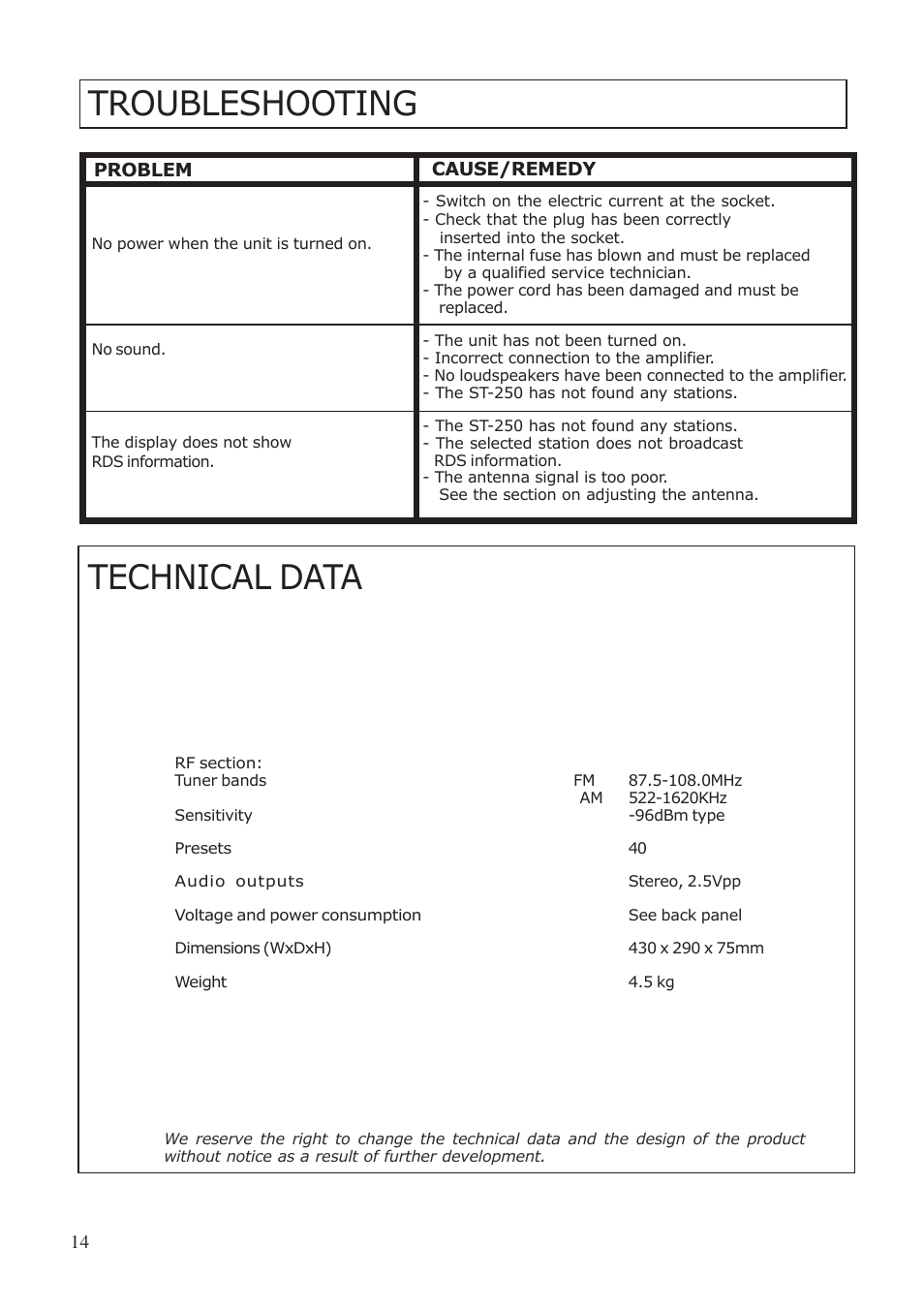 Troubleshooting, Technical data | System Fidelity ST-370 User Manual | Page 14 / 16
