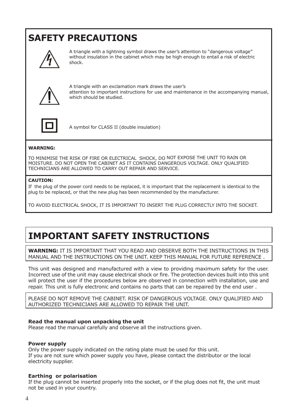 Important safety instructions, Safety precautions | System Fidelity ST-370 User Manual | Page 4 / 16