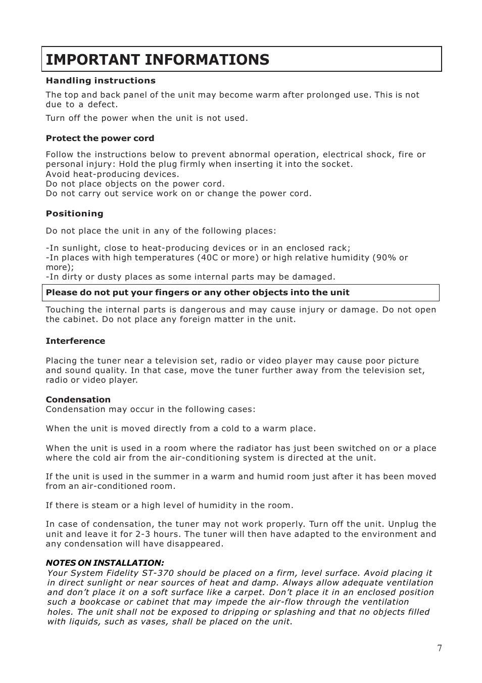 Important informations | System Fidelity ST-370 User Manual | Page 7 / 16