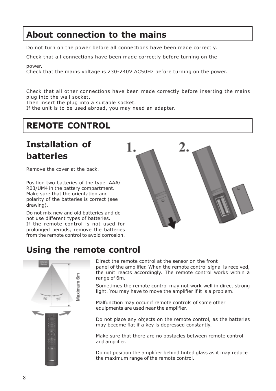 About connection to the mains, Remote control installation of batteries, Using the remote control | System Fidelity ST-370 User Manual | Page 8 / 16