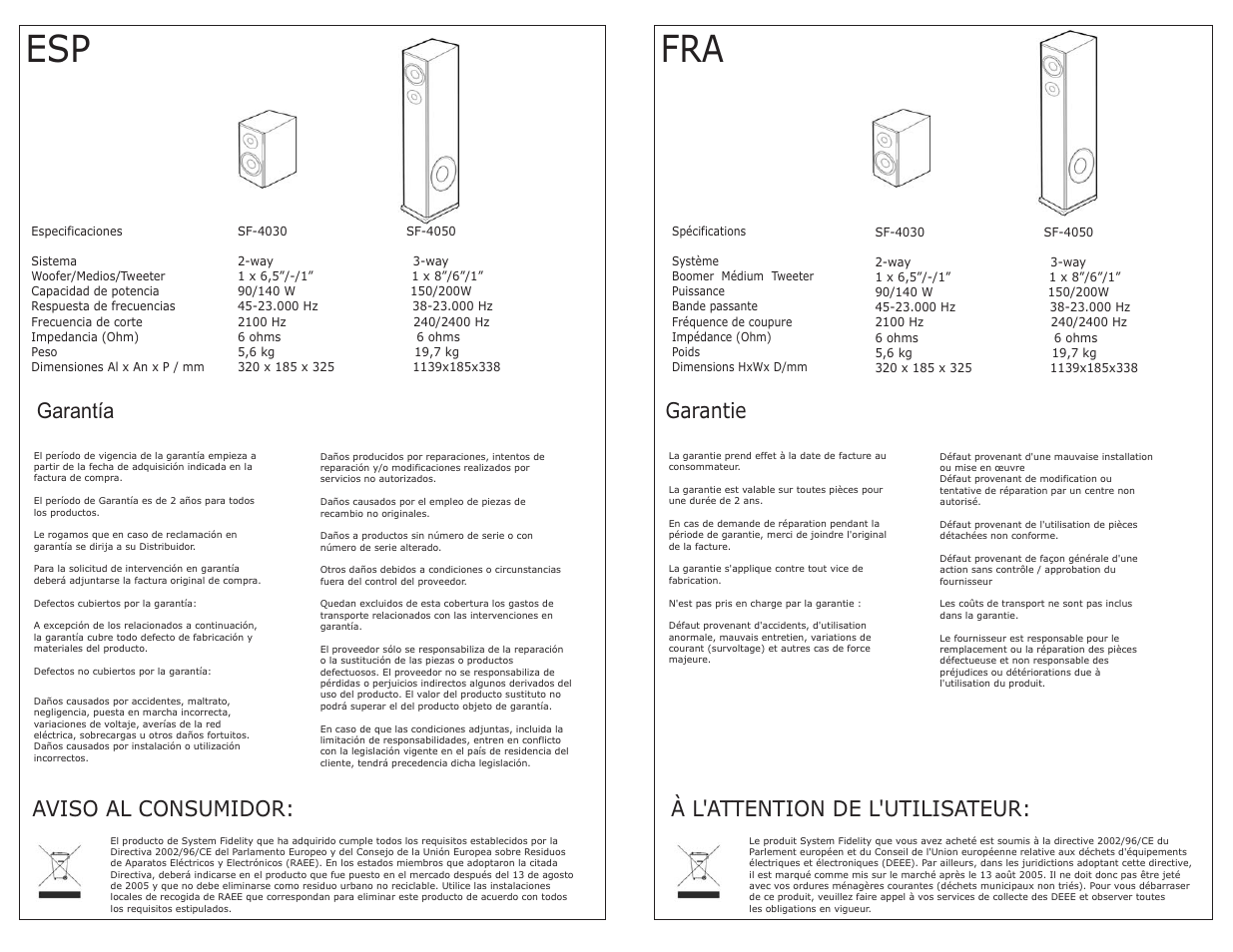 Garantía, Garantie, Aviso al consumidor | À l'attention de l'utilisateur | System Fidelity SF-4030 User Manual | Page 4 / 8