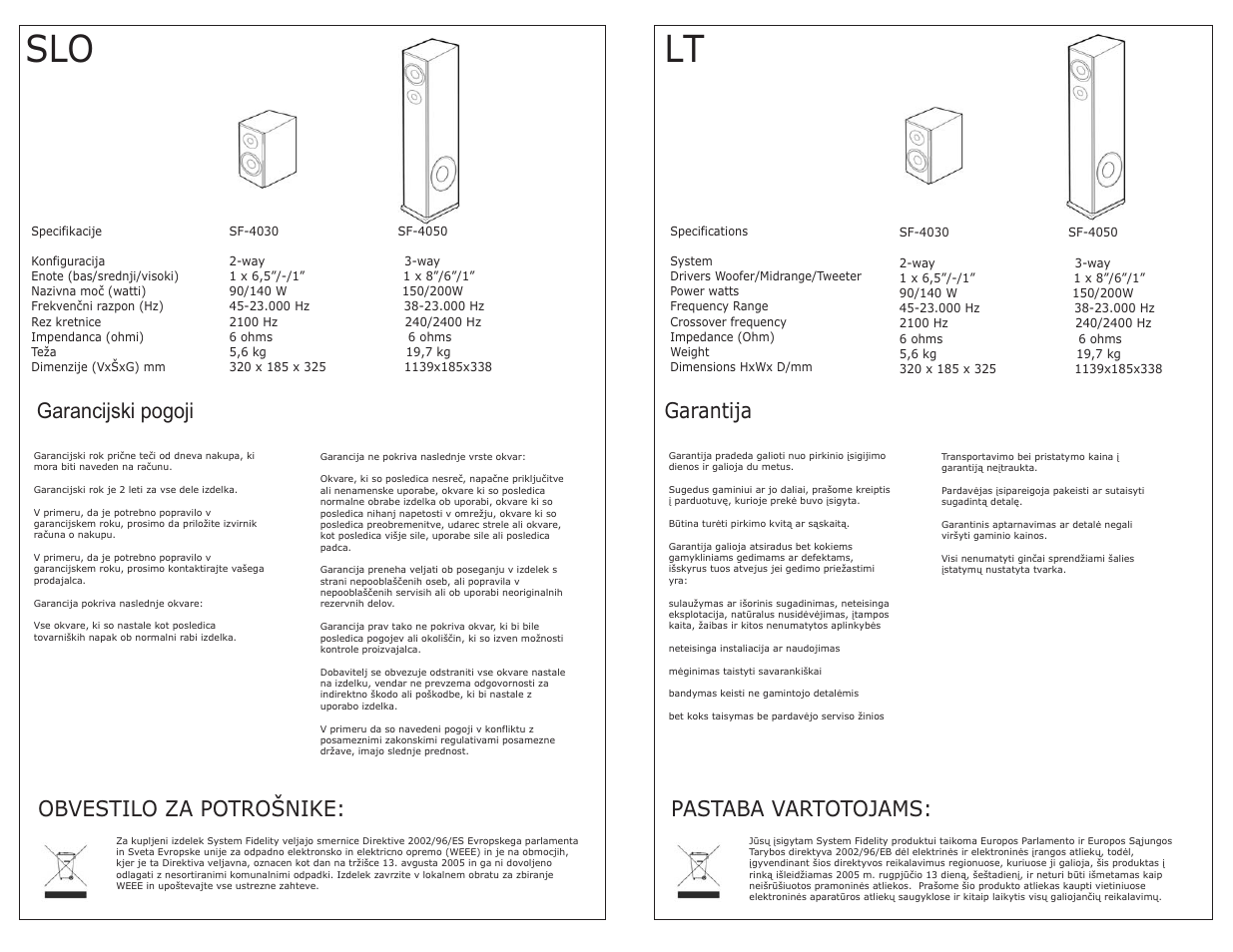 Garancijski pogoji, Garantija, Obvestilo za potrošnike | Pastaba vartotojams | System Fidelity SF-4030 User Manual | Page 5 / 8