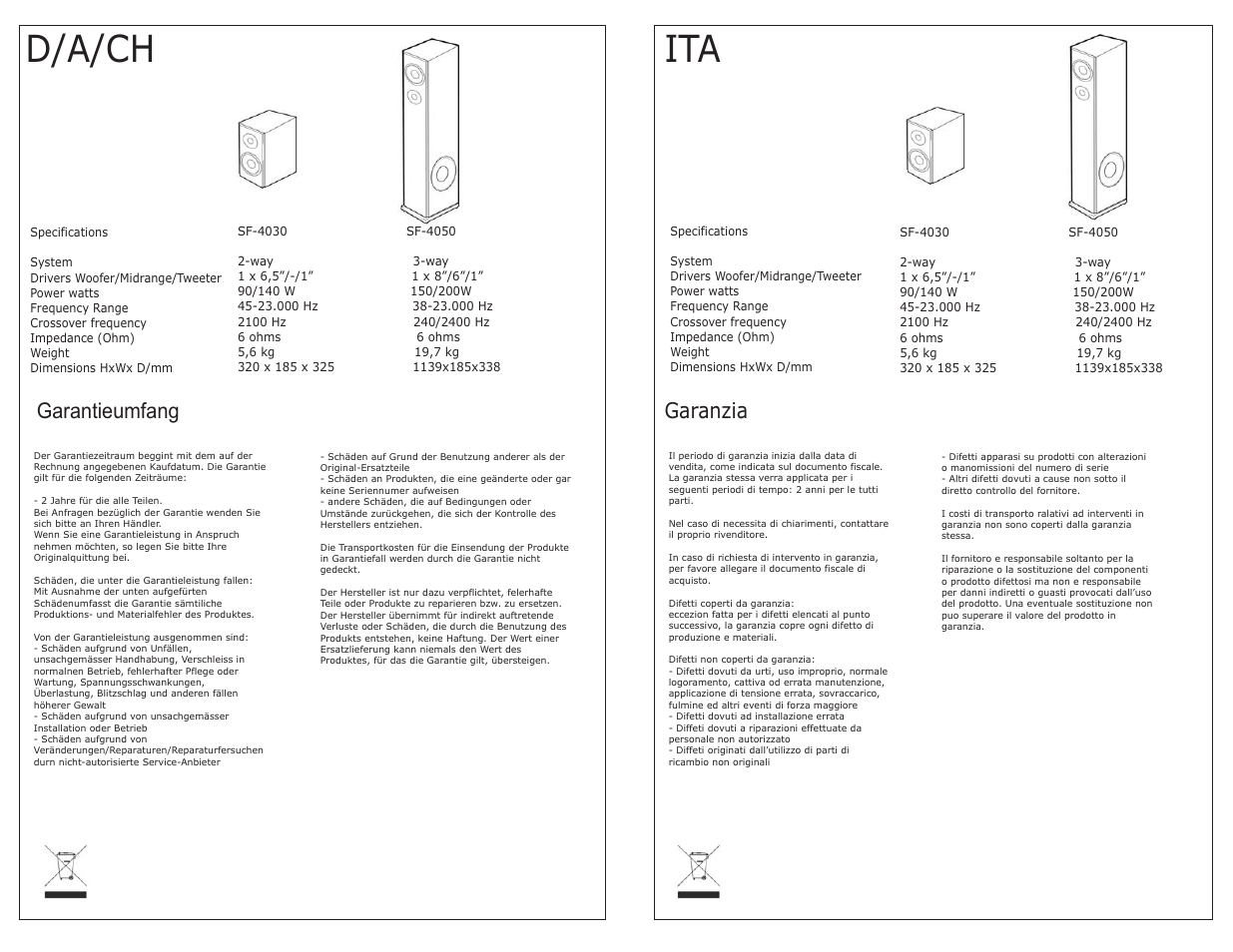 D/a/ch, Garantieumfang, Garanzia | System Fidelity SF-4030 User Manual | Page 7 / 8