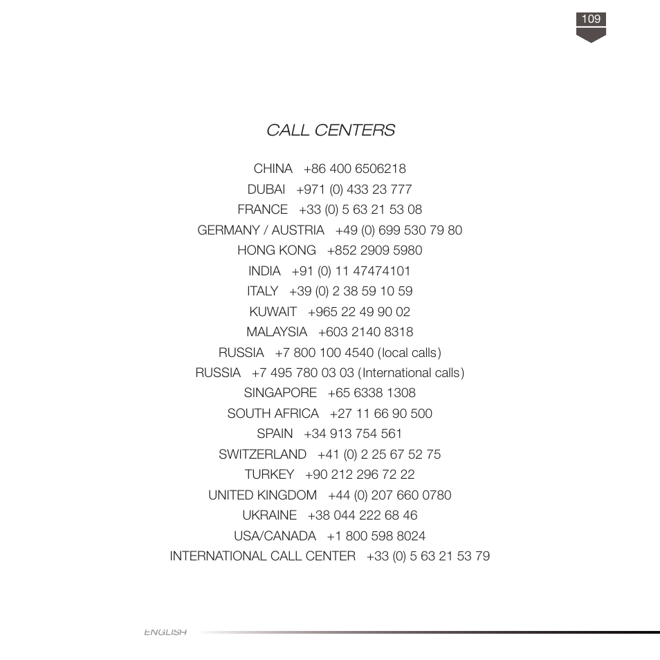 Call centers | TAG Heuer LINK User Manual | Page 109 / 114