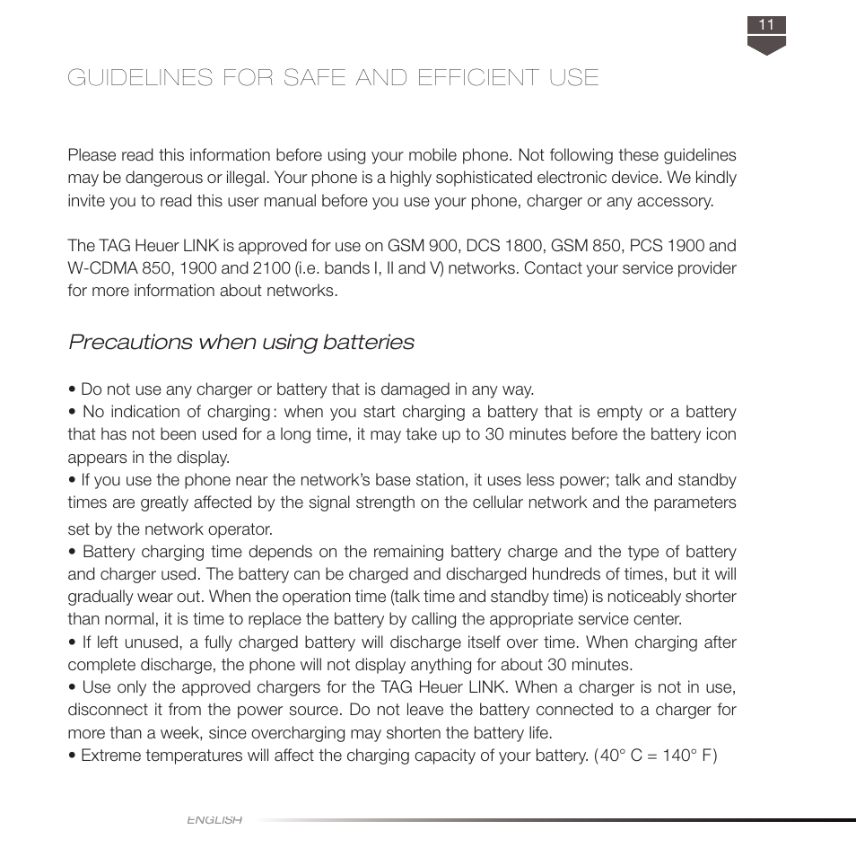 Guidelines for safe and efficient use, Precautions when using batteries | TAG Heuer LINK User Manual | Page 11 / 114