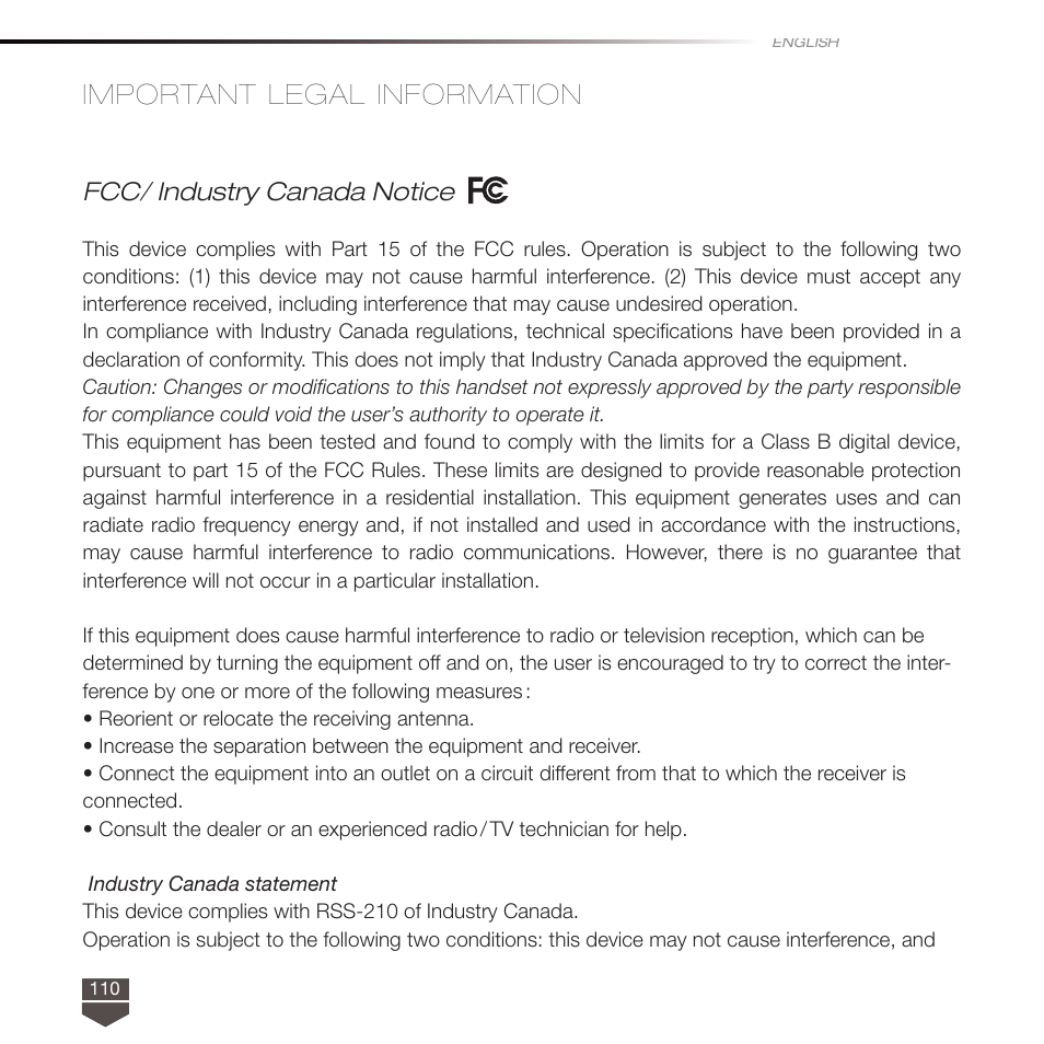 Important legal information, Fcc/ industry canada notice | TAG Heuer LINK User Manual | Page 110 / 114