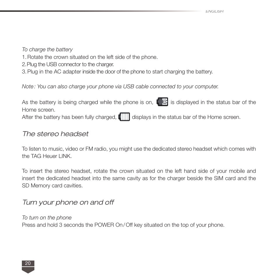 The stereo headset, Turn your phone on and off | TAG Heuer LINK User Manual | Page 20 / 114