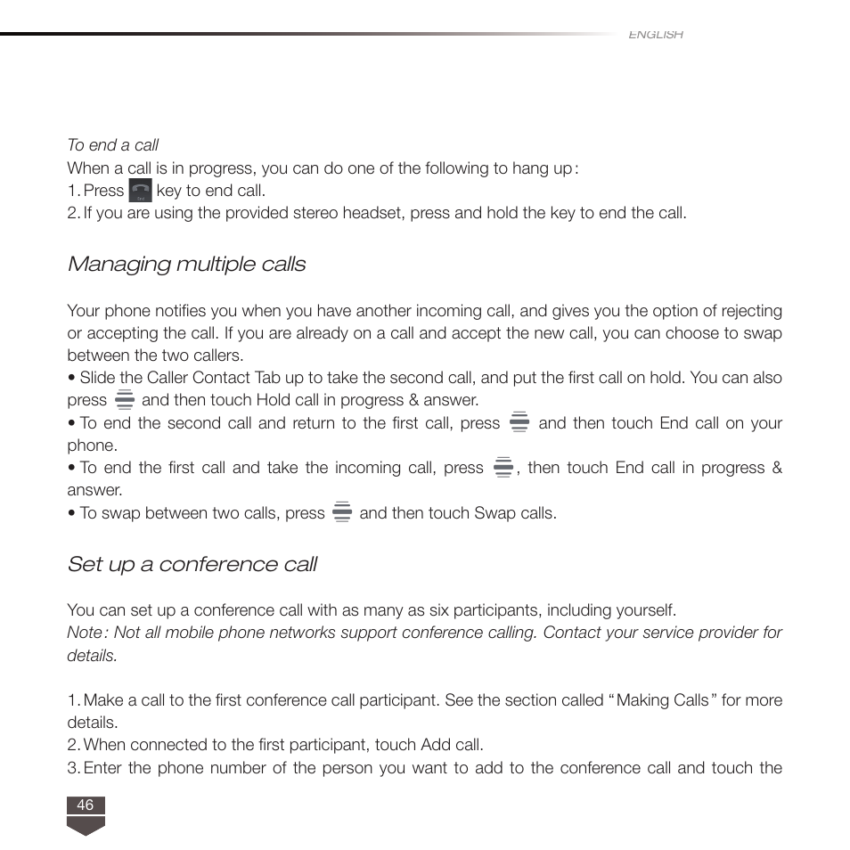 Managing multiple calls, Set up a conference call | TAG Heuer LINK User Manual | Page 46 / 114