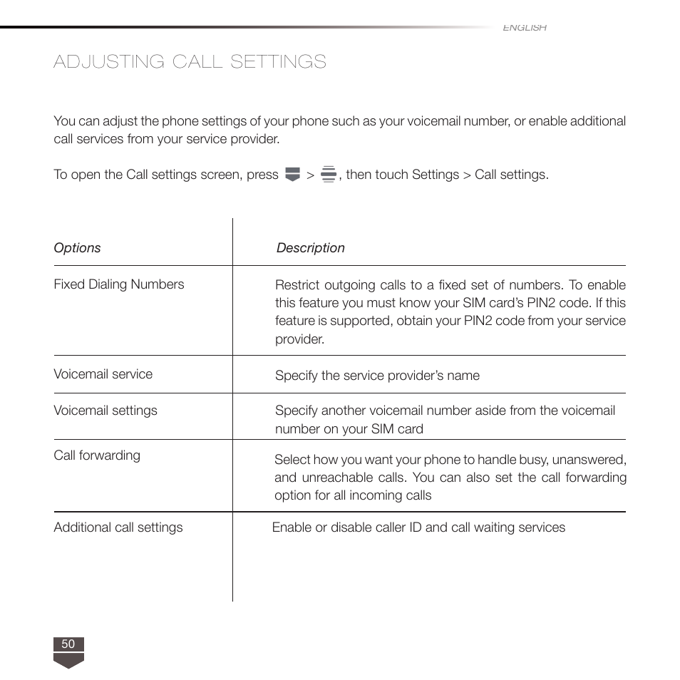 Adjusting call settings | TAG Heuer LINK User Manual | Page 50 / 114