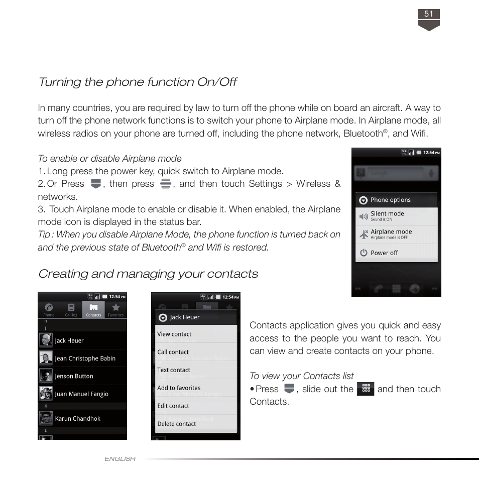 Turning the phone function on/off, Creating and managing your contacts | TAG Heuer LINK User Manual | Page 51 / 114
