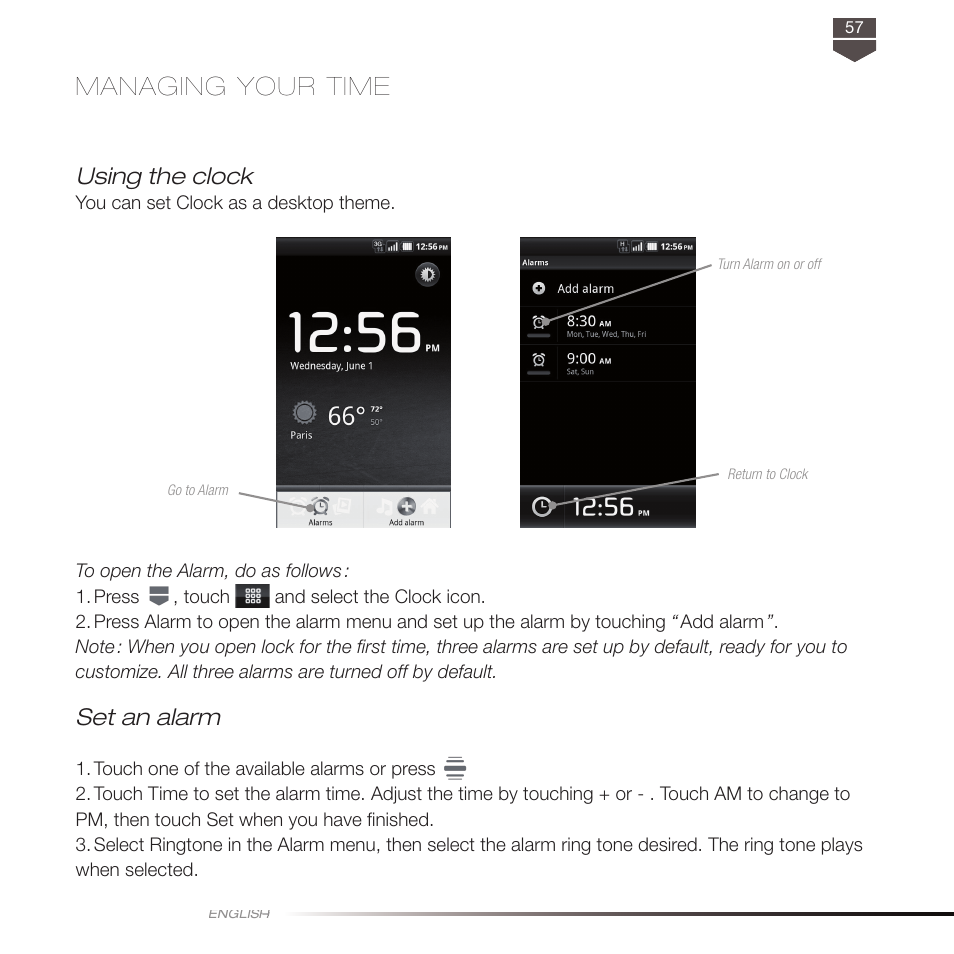 Managing your time, Using the clock, Set an alarm | TAG Heuer LINK User Manual | Page 57 / 114