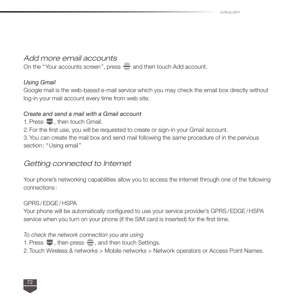 Add more email accounts, Getting connected to internet | TAG Heuer LINK User Manual | Page 72 / 114