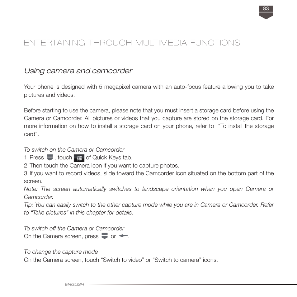 Entertaining through multimedia functions, Using camera and camcorder | TAG Heuer LINK User Manual | Page 83 / 114