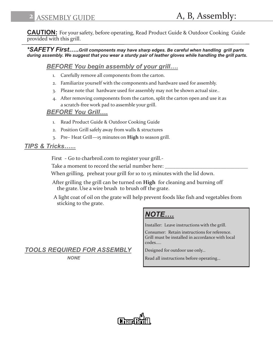 A, b, assembly, Assembly guide | Char-Broil GRILL2GO 11401587 User Manual | Page 2 / 8