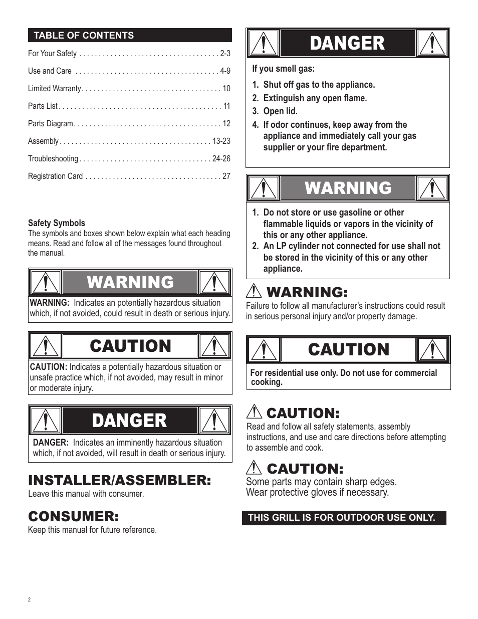 Danger, Warning, Caution | Installer/assembler, Consumer | Char-Broil 463247512 User Manual | Page 2 / 28