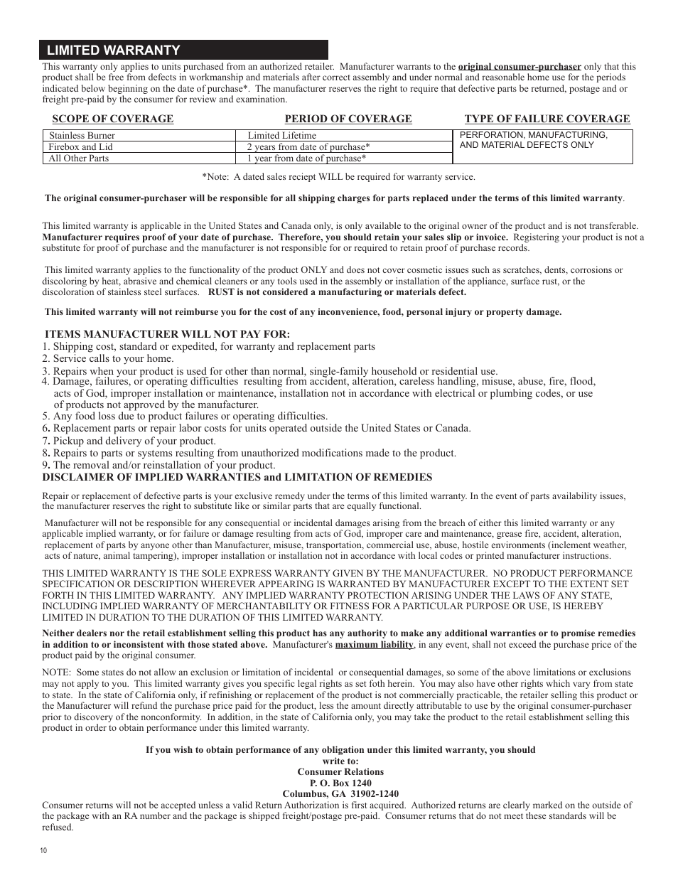 Limited warranty | Char-Broil T-47D 463251012 User Manual | Page 10 / 40