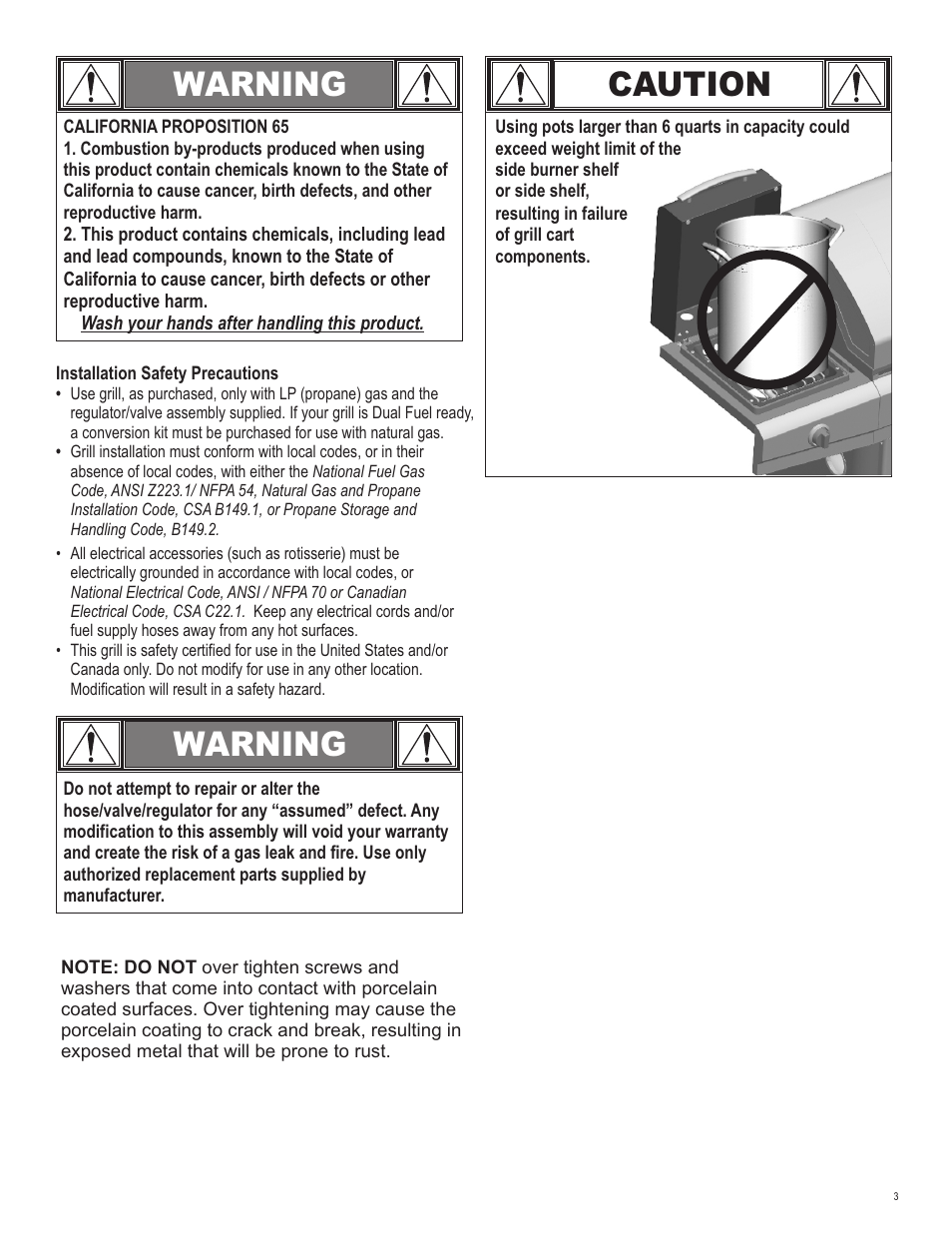 Warning, Caution | Char-Broil T-47D 463251012 User Manual | Page 3 / 40