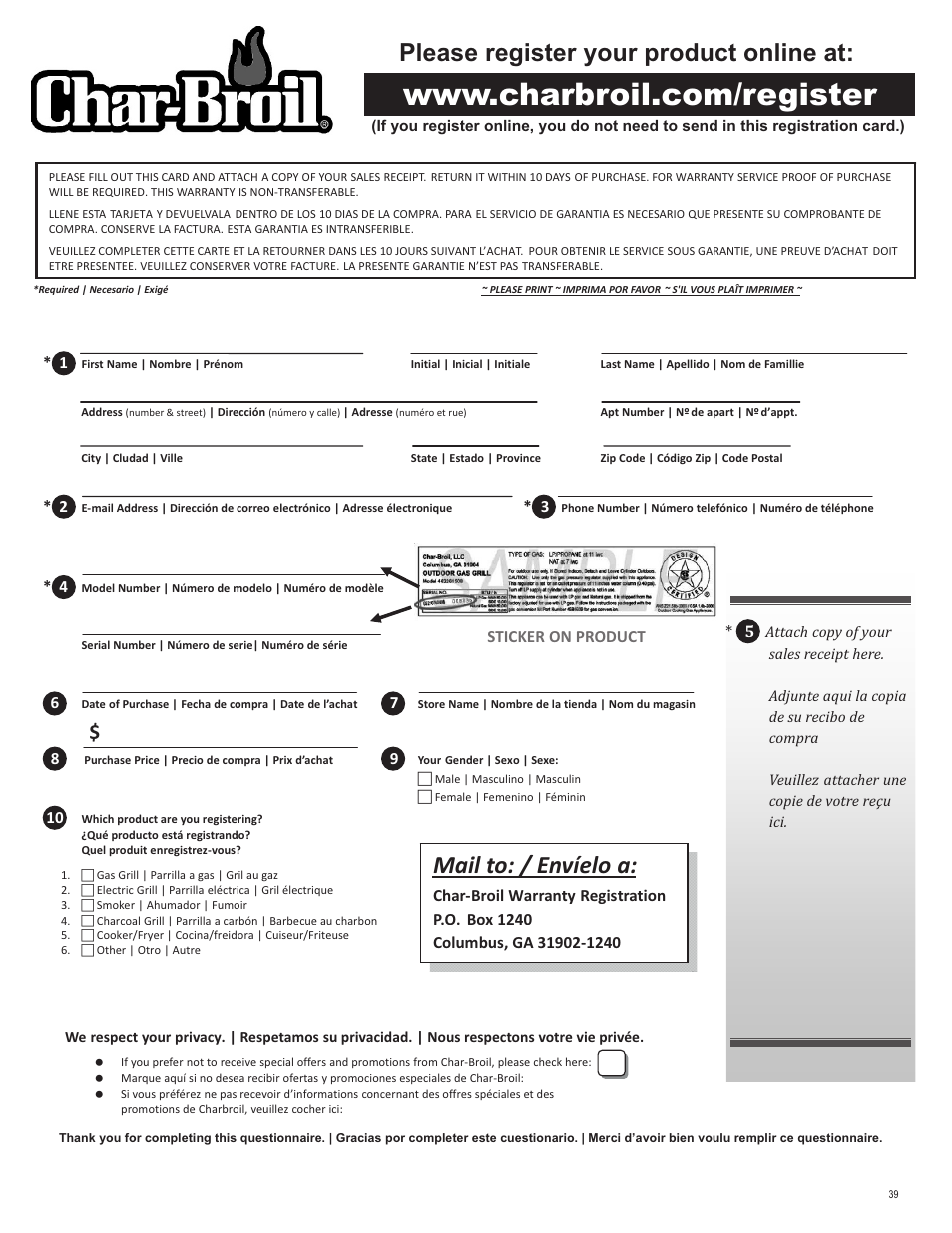 Mail to: / envíelo a, Please register your product online at | Char-Broil T-47D 463251012 User Manual | Page 39 / 40