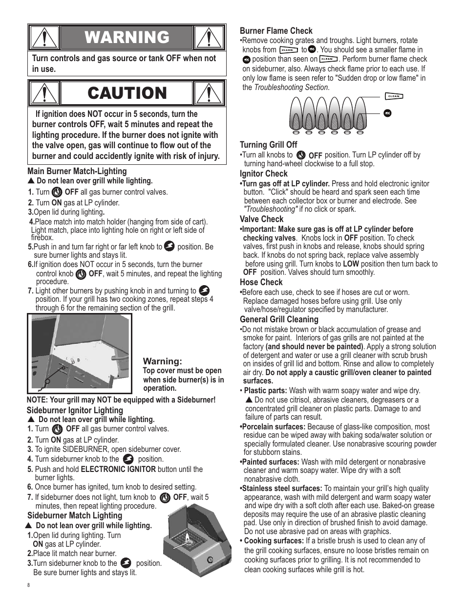 Caution, Warning | Char-Broil T-47D 463251012 User Manual | Page 8 / 40