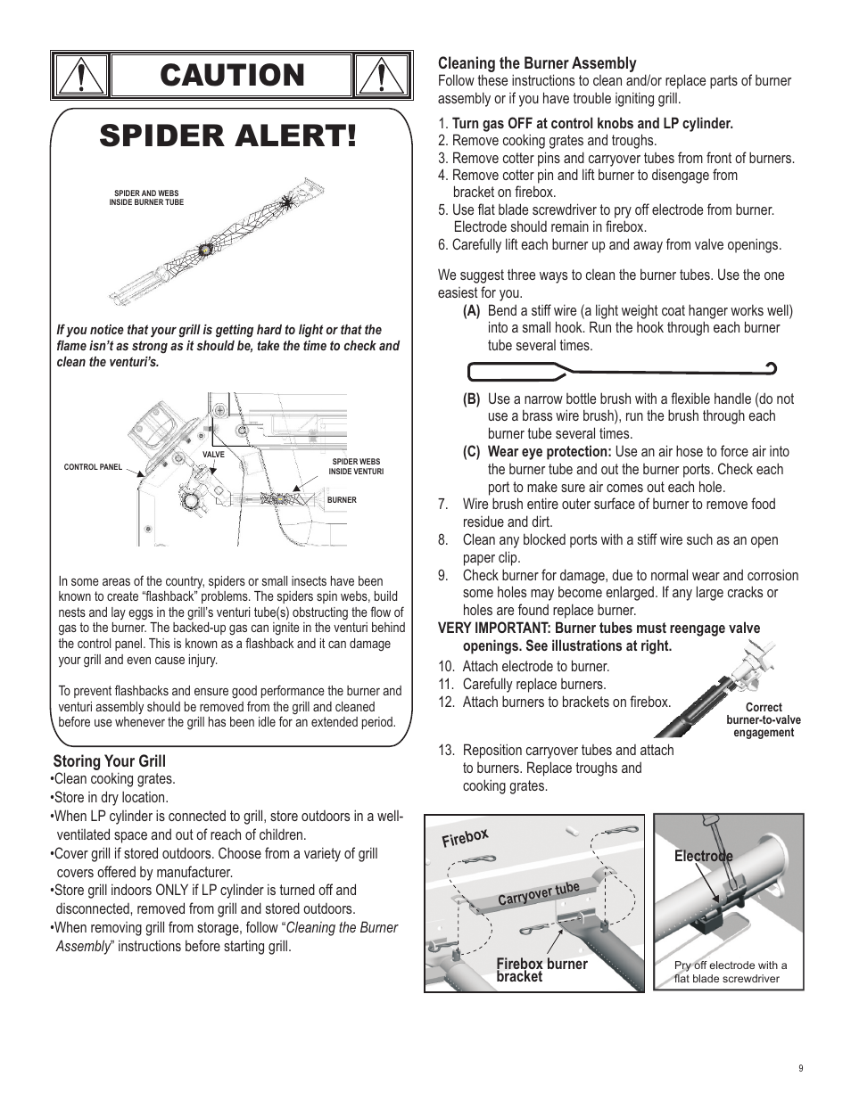 Caution, Spider alert | Char-Broil T-47D 463251012 User Manual | Page 9 / 40