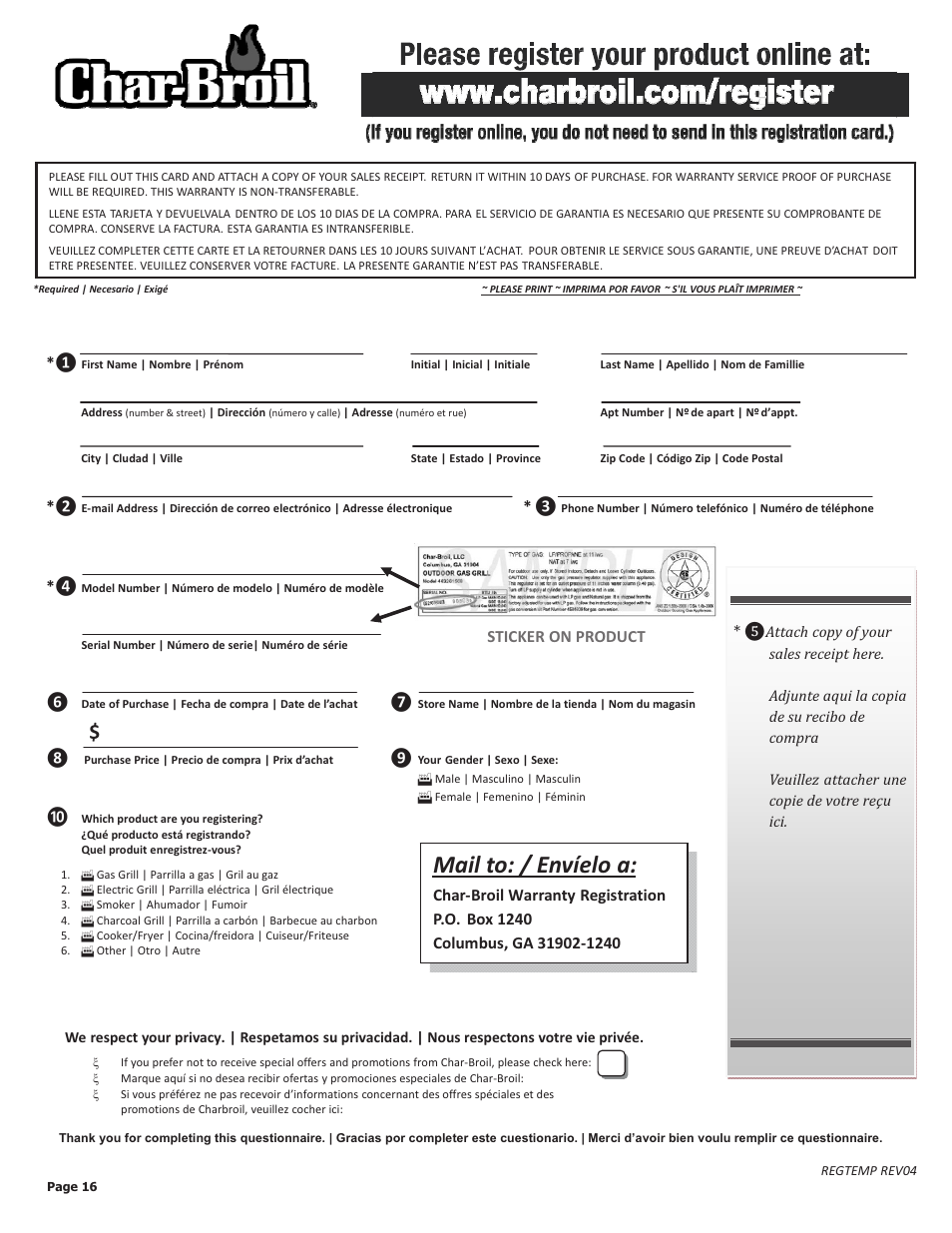 Mail to: / envíelo a, Sticker on product | Char-Broil TRU 11101625-A1 User Manual | Page 16 / 16