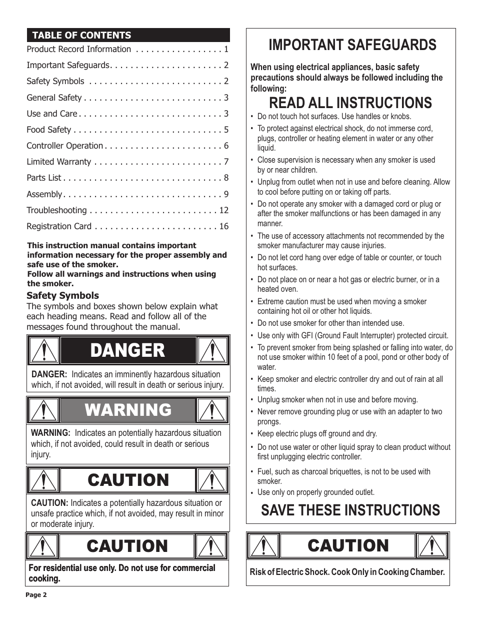 Danger, Warning, Caution | Important safeguards, Read all instructions, Save these instructions | Char-Broil TRU 11101625-A1 User Manual | Page 2 / 16